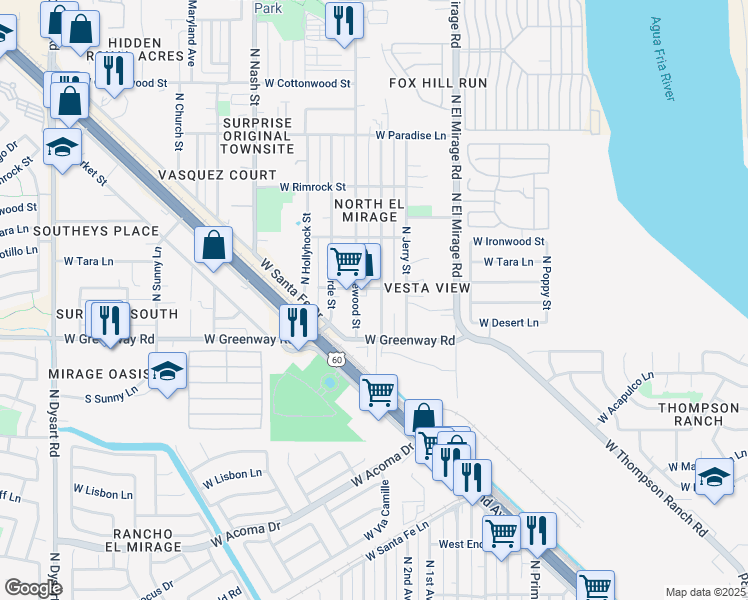 map of restaurants, bars, coffee shops, grocery stores, and more near 15601 North Greasewood Street in Surprise
