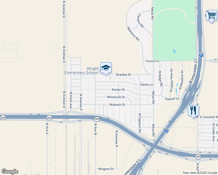 map of restaurants, bars, coffee shops, grocery stores, and more near 1207 Adrian Street in Lubbock