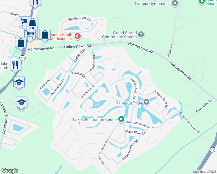 map of restaurants, bars, coffee shops, grocery stores, and more near 3608 Brampton Drive in Myrtle Beach