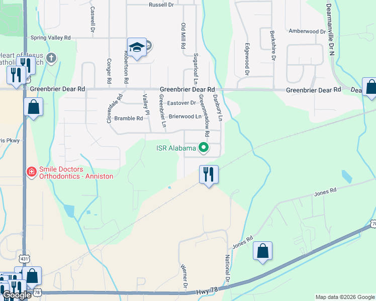 map of restaurants, bars, coffee shops, grocery stores, and more near 4127 Southbury Lane in Anniston