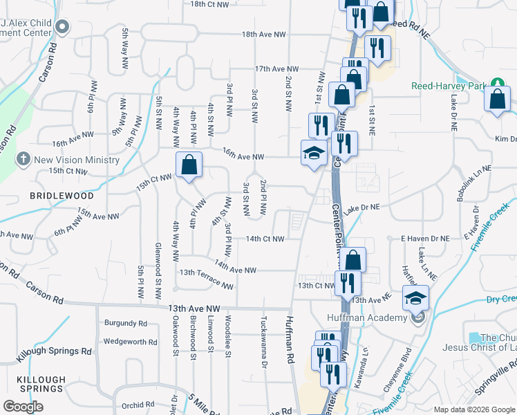 map of restaurants, bars, coffee shops, grocery stores, and more near 1521 3rd Street Northwest in Center Point
