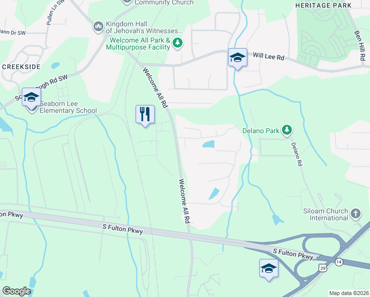 map of restaurants, bars, coffee shops, grocery stores, and more near 445 Skif Pond Court in Atlanta