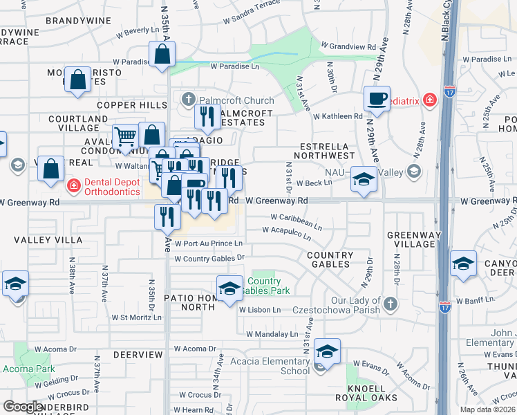 map of restaurants, bars, coffee shops, grocery stores, and more near 3220 West Greenway Road in Phoenix