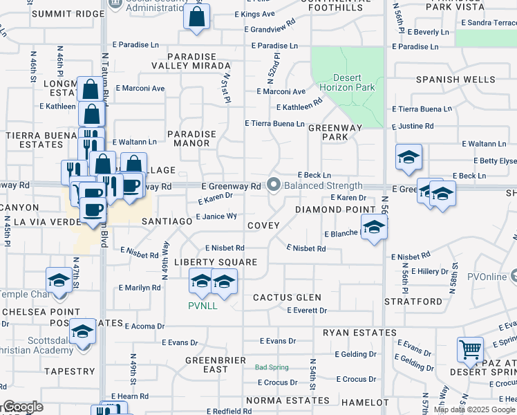 map of restaurants, bars, coffee shops, grocery stores, and more near 15229 North 52nd Place in Scottsdale