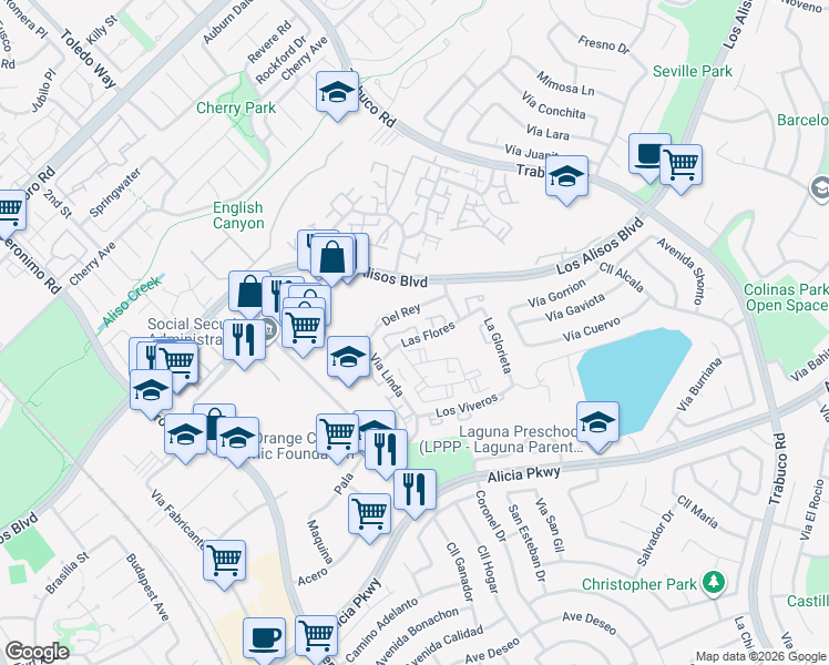 map of restaurants, bars, coffee shops, grocery stores, and more near 26081a Del Rey in Mission Viejo