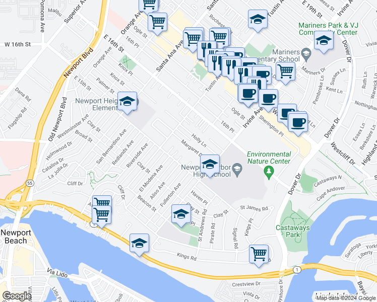 map of restaurants, bars, coffee shops, grocery stores, and more near 2401 Margaret Drive in Newport Beach