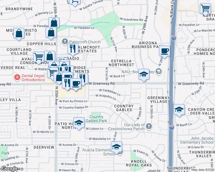 map of restaurants, bars, coffee shops, grocery stores, and more near 15402 North 31st Drive in Phoenix