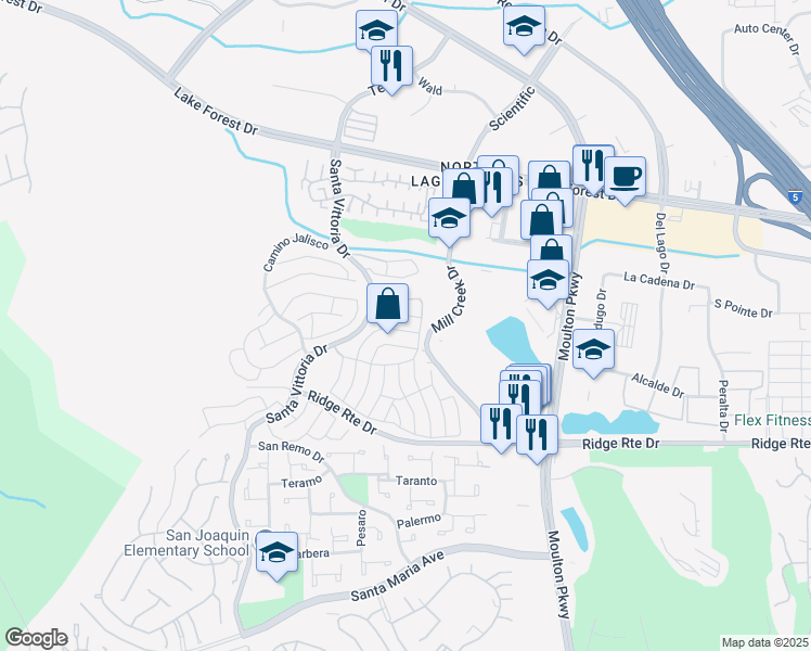 map of restaurants, bars, coffee shops, grocery stores, and more near 23215 Caminito Valle in Laguna Hills