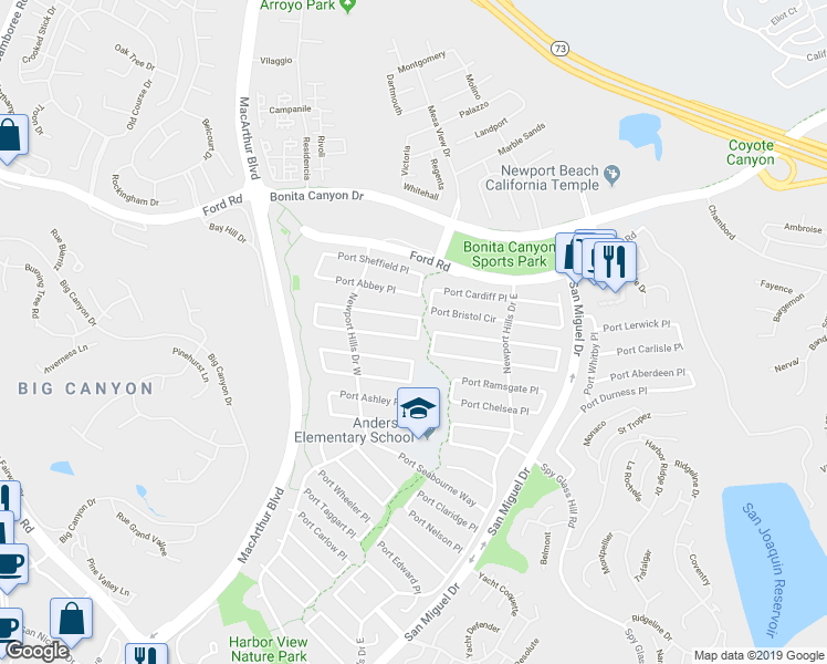 map of restaurants, bars, coffee shops, grocery stores, and more near 1860 Port Margate Place in Newport Beach