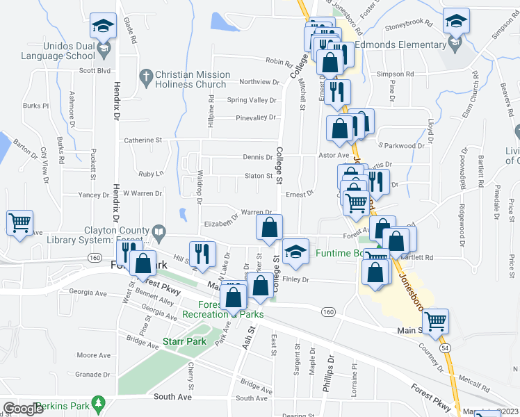 map of restaurants, bars, coffee shops, grocery stores, and more near 864 Warren Drive in Forest Park
