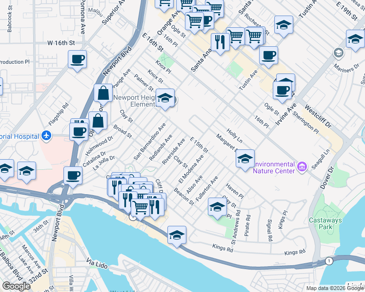 map of restaurants, bars, coffee shops, grocery stores, and more near 524 Redlands Avenue in Newport Beach