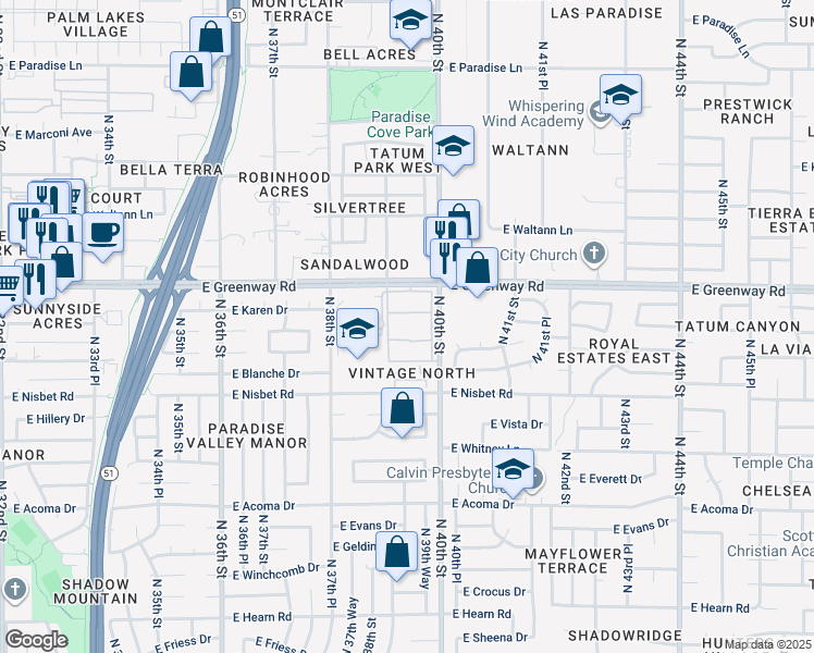 map of restaurants, bars, coffee shops, grocery stores, and more near 15202 North 40th Street in Phoenix