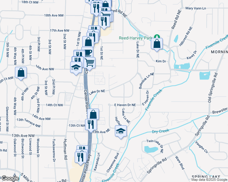 map of restaurants, bars, coffee shops, grocery stores, and more near 1605 Lake Drive Northeast in Center Point