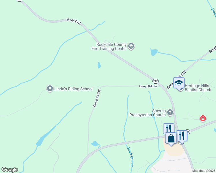 map of restaurants, bars, coffee shops, grocery stores, and more near 2461 Oneal Road Southwest in Conyers