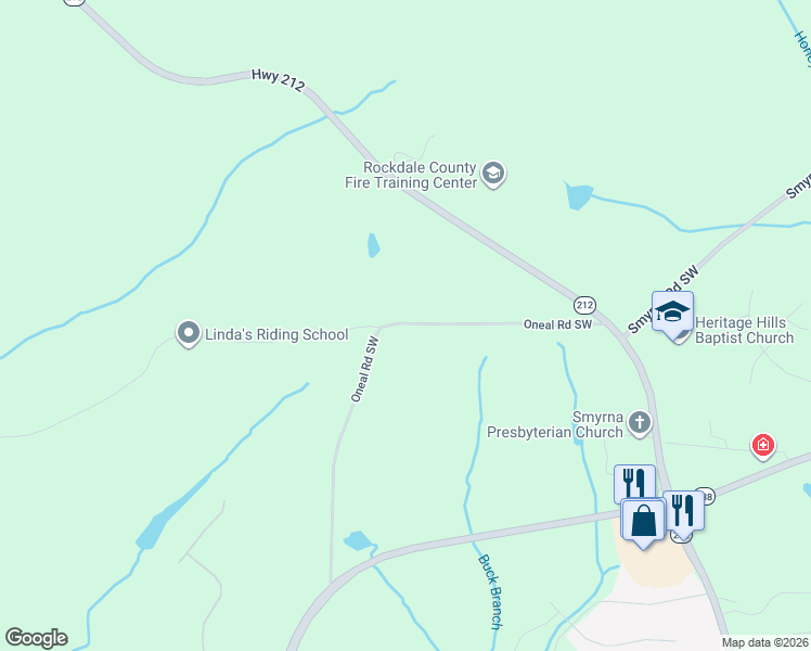 map of restaurants, bars, coffee shops, grocery stores, and more near 2461 Oneal Road Southwest in Conyers