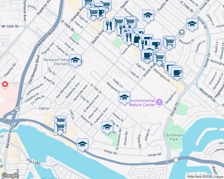 map of restaurants, bars, coffee shops, grocery stores, and more near 2401 Margaret Drive in Newport Beach