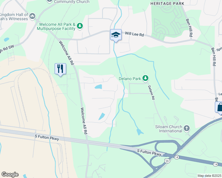map of restaurants, bars, coffee shops, grocery stores, and more near 625 Escalade Drive in Atlanta