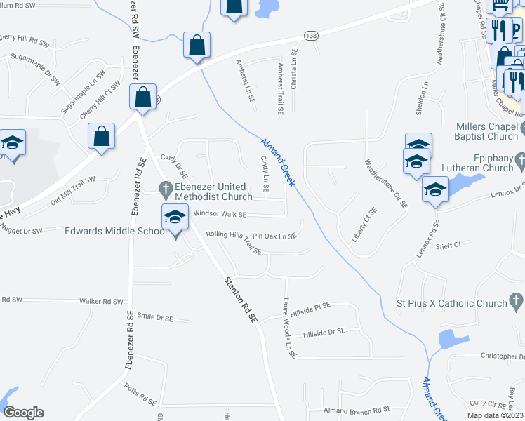 map of restaurants, bars, coffee shops, grocery stores, and more near 364 Windsor Walk Southeast in Conyers