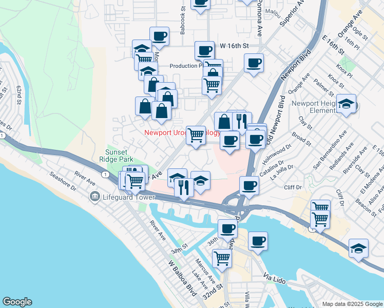 map of restaurants, bars, coffee shops, grocery stores, and more near 300 Cagney Lane in Newport Beach