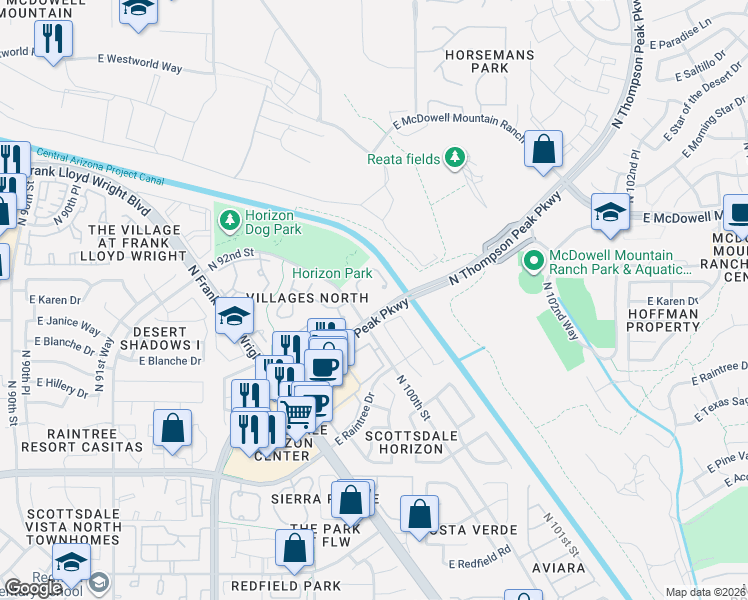 map of restaurants, bars, coffee shops, grocery stores, and more near 15225 North 100th Street in Scottsdale