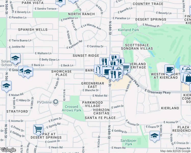 map of restaurants, bars, coffee shops, grocery stores, and more near 15233 North 62nd Place in Scottsdale