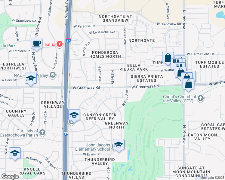 map of restaurants, bars, coffee shops, grocery stores, and more near 2345 West Beck Lane in Phoenix