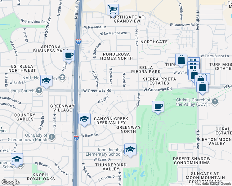 map of restaurants, bars, coffee shops, grocery stores, and more near 2381 West Beck Lane in Phoenix