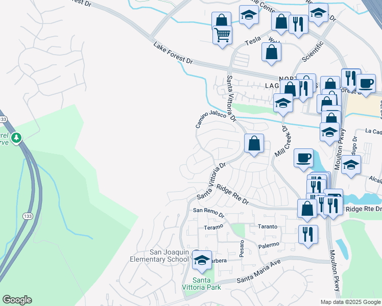 map of restaurants, bars, coffee shops, grocery stores, and more near 22197 Caminito Laureles in Laguna Hills