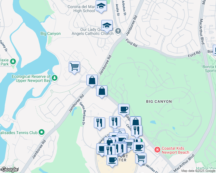 map of restaurants, bars, coffee shops, grocery stores, and more near 32 Rue Fontainbleau in Newport Beach