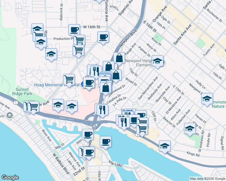 map of restaurants, bars, coffee shops, grocery stores, and more near 350 Old Newport Boulevard in Newport Beach