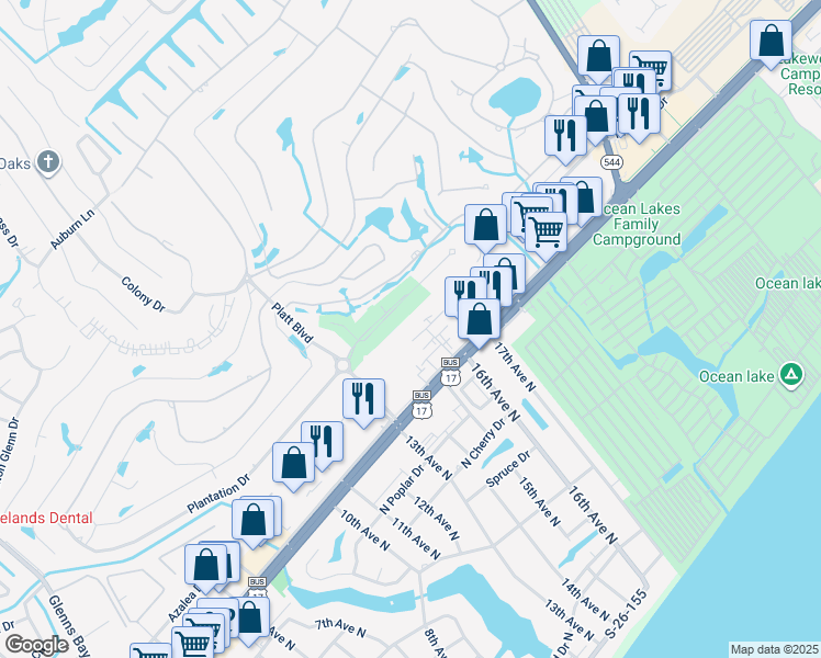 map of restaurants, bars, coffee shops, grocery stores, and more near 1616 Azalea Drive in Surfside Beach