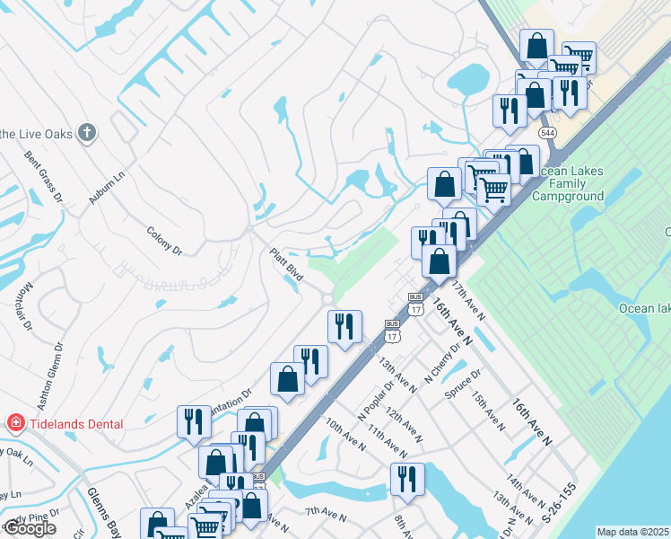 map of restaurants, bars, coffee shops, grocery stores, and more near 118 Eagles Cliff Drive in Surfside Beach