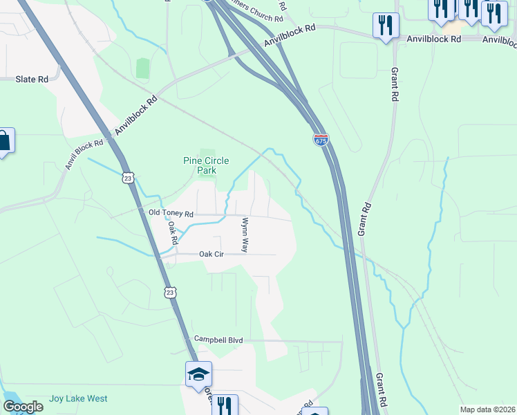 map of restaurants, bars, coffee shops, grocery stores, and more near 2636 Old Toney Road in Ellenwood
