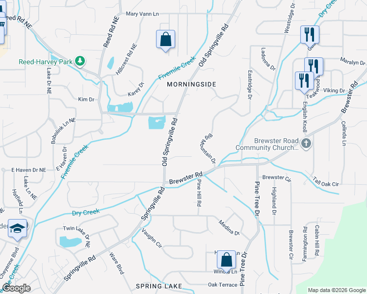 map of restaurants, bars, coffee shops, grocery stores, and more near 1645 Old Springville Road in Center Point