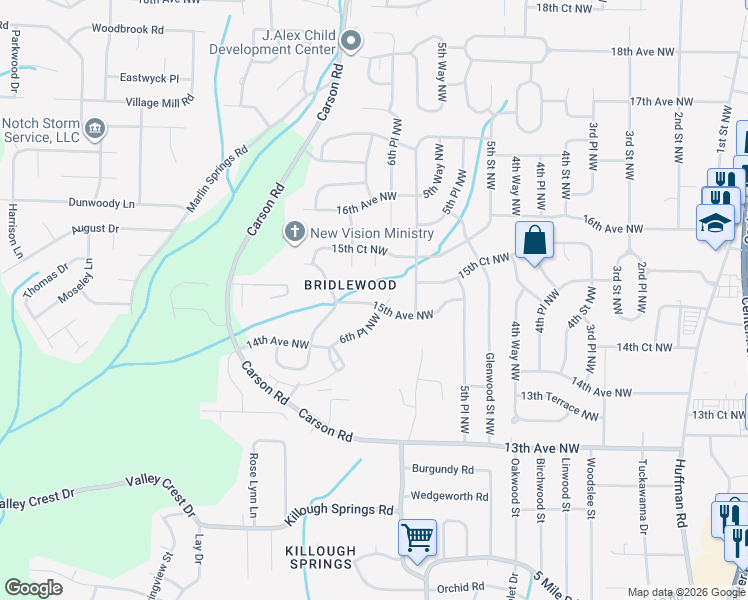 map of restaurants, bars, coffee shops, grocery stores, and more near 1521 6th Place Northwest in Center Point