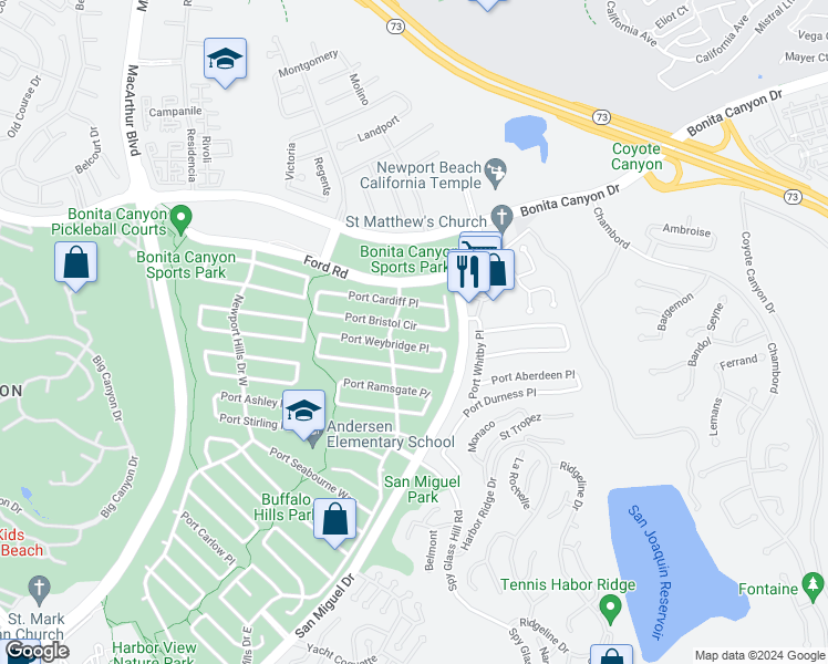 map of restaurants, bars, coffee shops, grocery stores, and more near 2021 Port Bristol Circle in Newport Beach