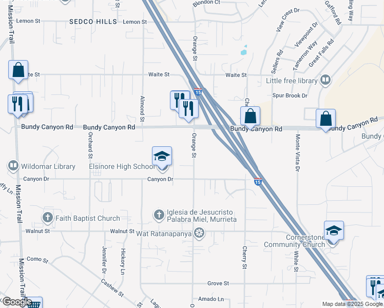 map of restaurants, bars, coffee shops, grocery stores, and more near 34135 Orange Street in Wildomar