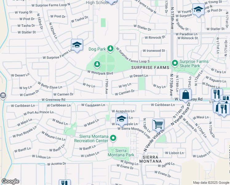 map of restaurants, bars, coffee shops, grocery stores, and more near 17863 West Ivy Lane in Surprise