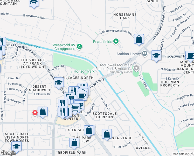 map of restaurants, bars, coffee shops, grocery stores, and more near 15225 North 100th Street in Scottsdale
