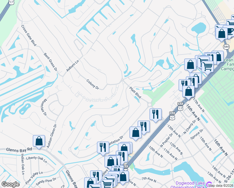 map of restaurants, bars, coffee shops, grocery stores, and more near 203 Plantation Drive in Myrtle Beach