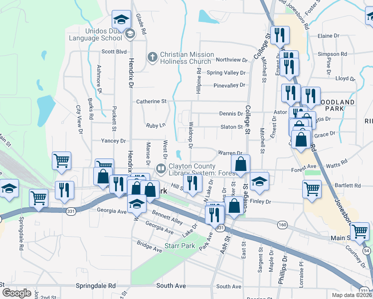 map of restaurants, bars, coffee shops, grocery stores, and more near 4711 Waldrop Drive in Forest Park