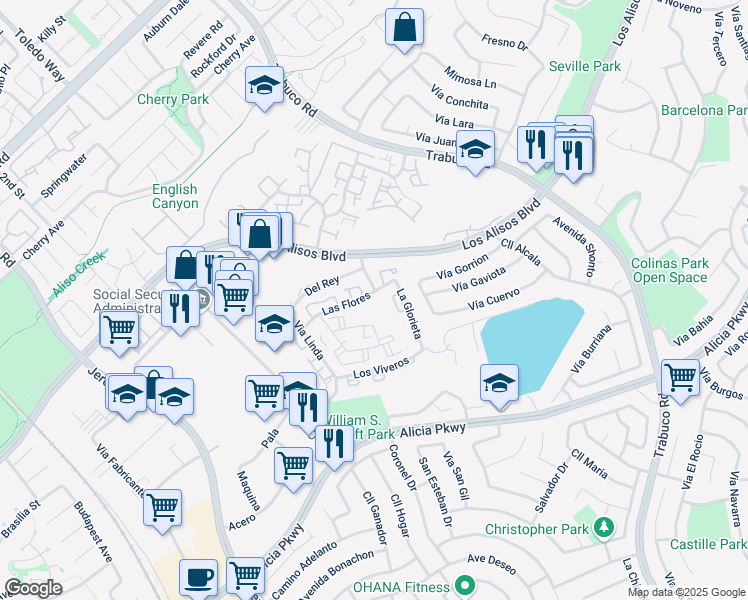 map of restaurants, bars, coffee shops, grocery stores, and more near 23221 La Glorieta in Mission Viejo