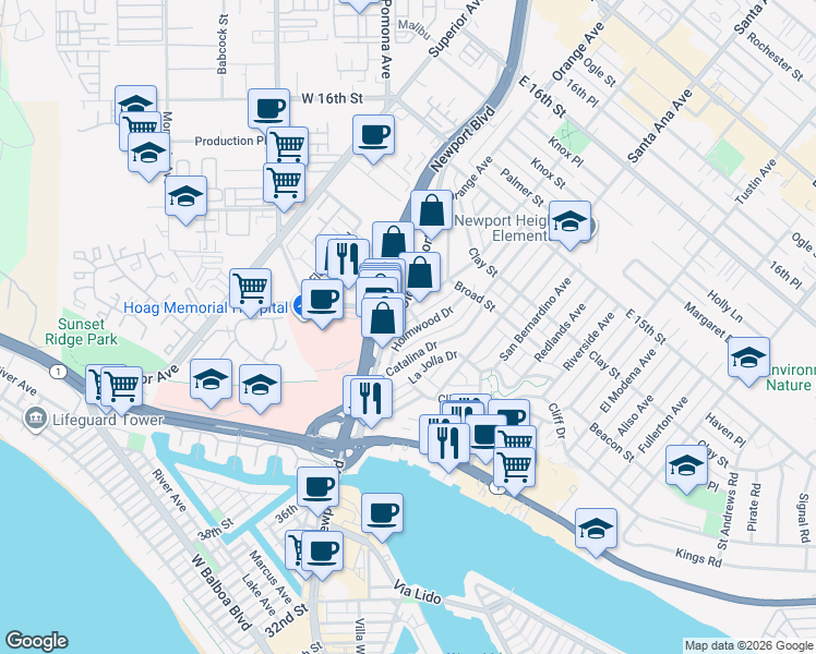 map of restaurants, bars, coffee shops, grocery stores, and more near 350 Old Newport Boulevard in Newport Beach