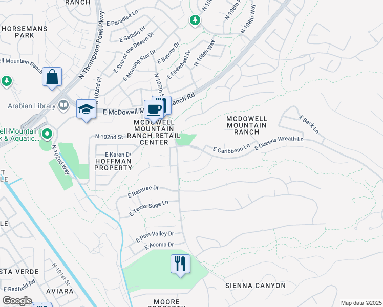 map of restaurants, bars, coffee shops, grocery stores, and more near 10566 East Queens Wreath Lane in Scottsdale