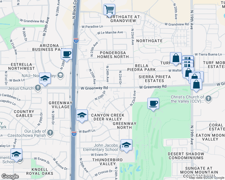 map of restaurants, bars, coffee shops, grocery stores, and more near 2381 West Beck Lane in Phoenix