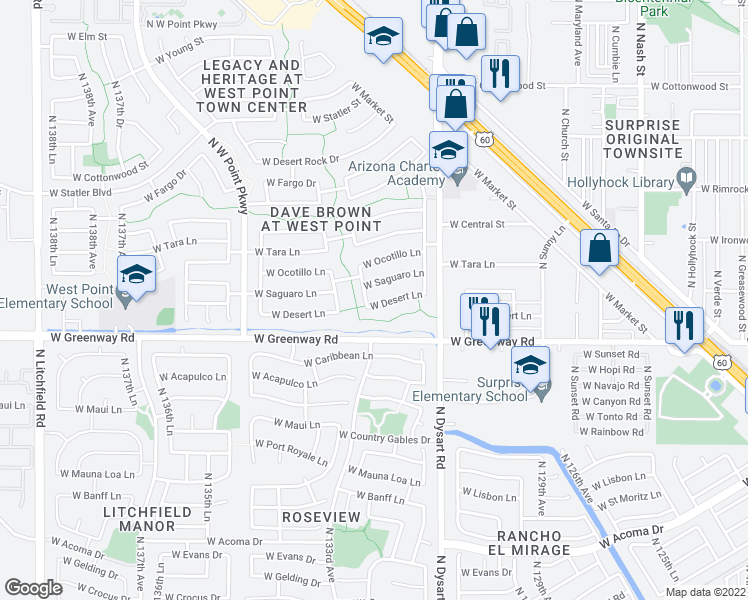 map of restaurants, bars, coffee shops, grocery stores, and more near 15608 North Ulrich Way in Surprise