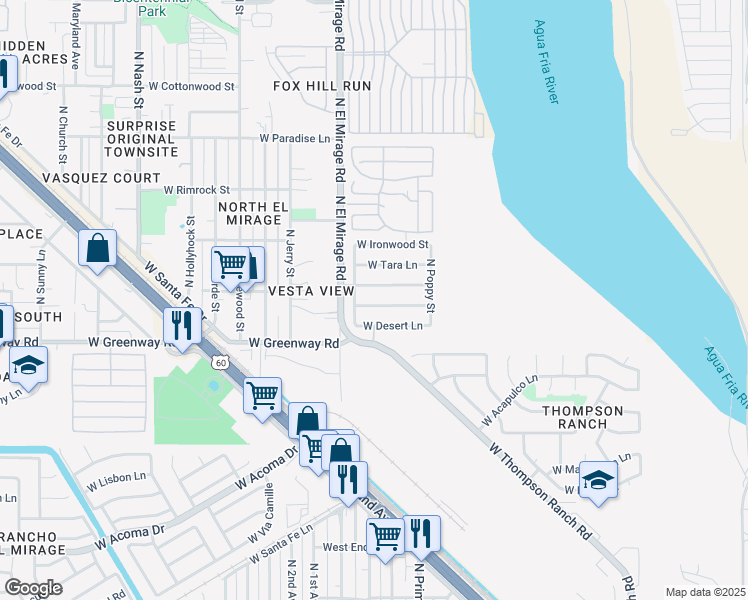 map of restaurants, bars, coffee shops, grocery stores, and more near 12224 West Saguaro Lane in El Mirage