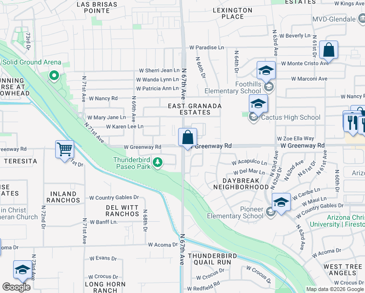 map of restaurants, bars, coffee shops, grocery stores, and more near N 67th Ave & W Greenway Rd in Glendale