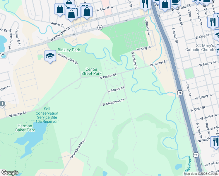 map of restaurants, bars, coffee shops, grocery stores, and more near 1331 West Moore Street in Sherman