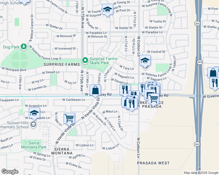 map of restaurants, bars, coffee shops, grocery stores, and more near 15426 North 172nd Drive in Surprise